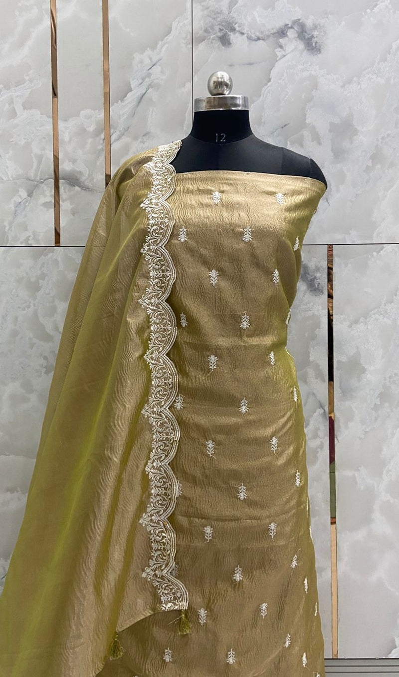 Banarasi Tissue Silk Embroidery Unstitched Suit with Tissue Crush Embroidery Dupatta.