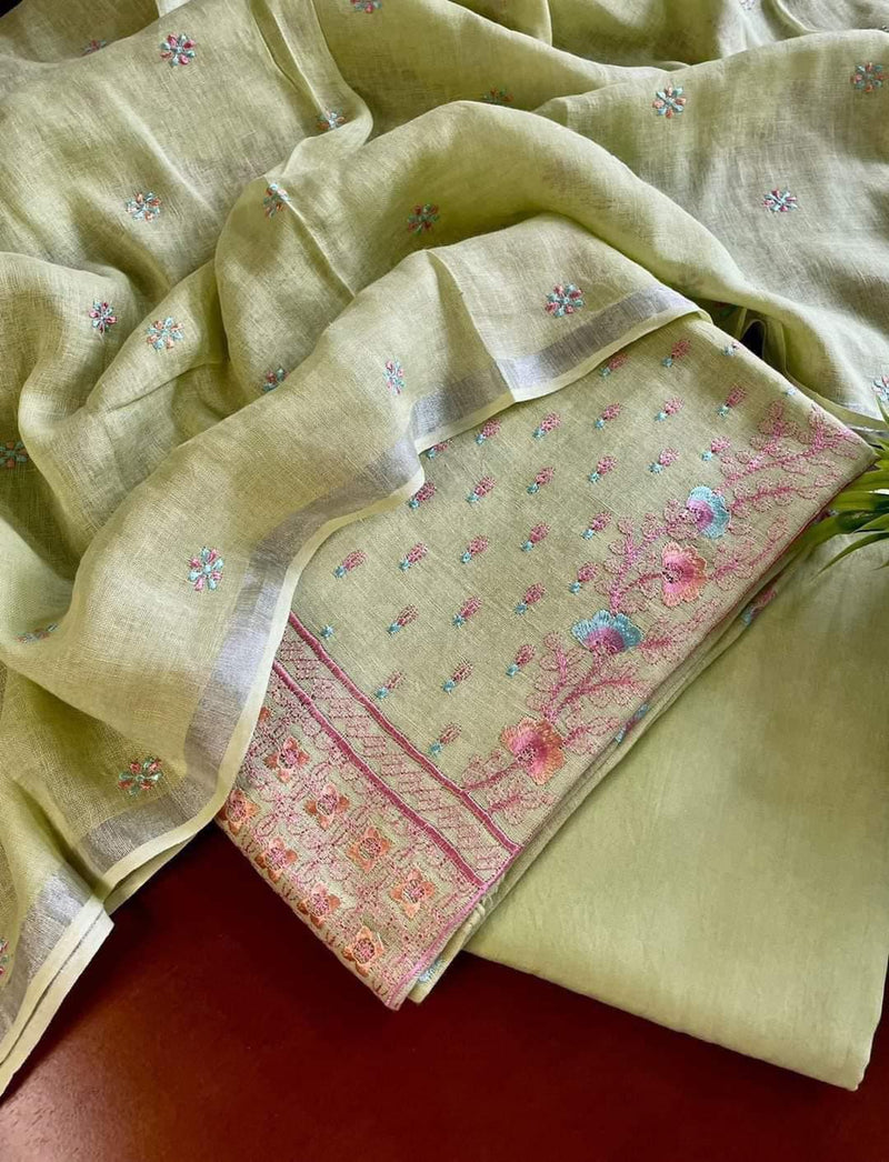 Bhagalpuri Cotton Linen Embroidery Unstitched suit.