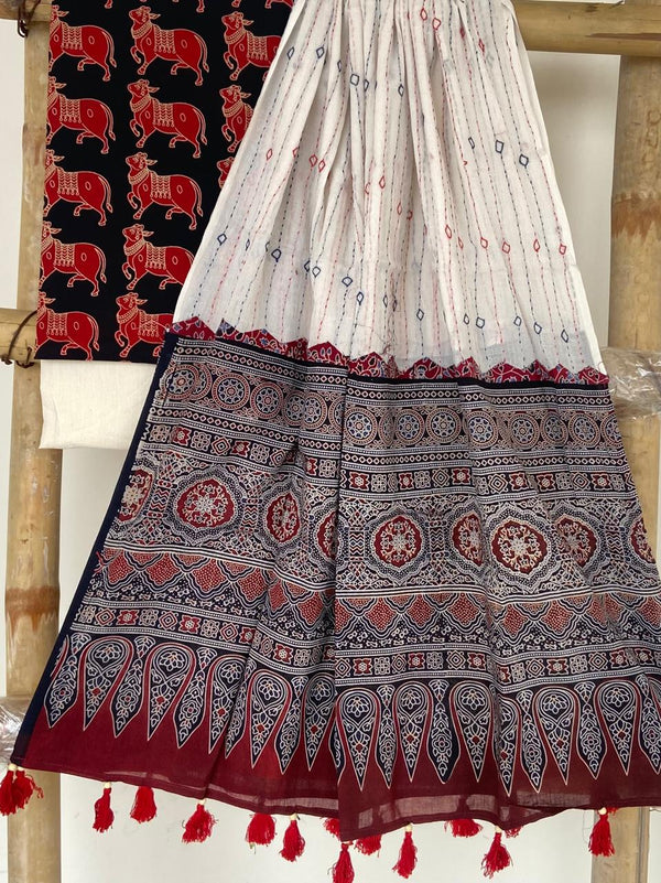 Pure Cotton Azrakh Print Unstitched suit With Azrakh Print Dupatta.