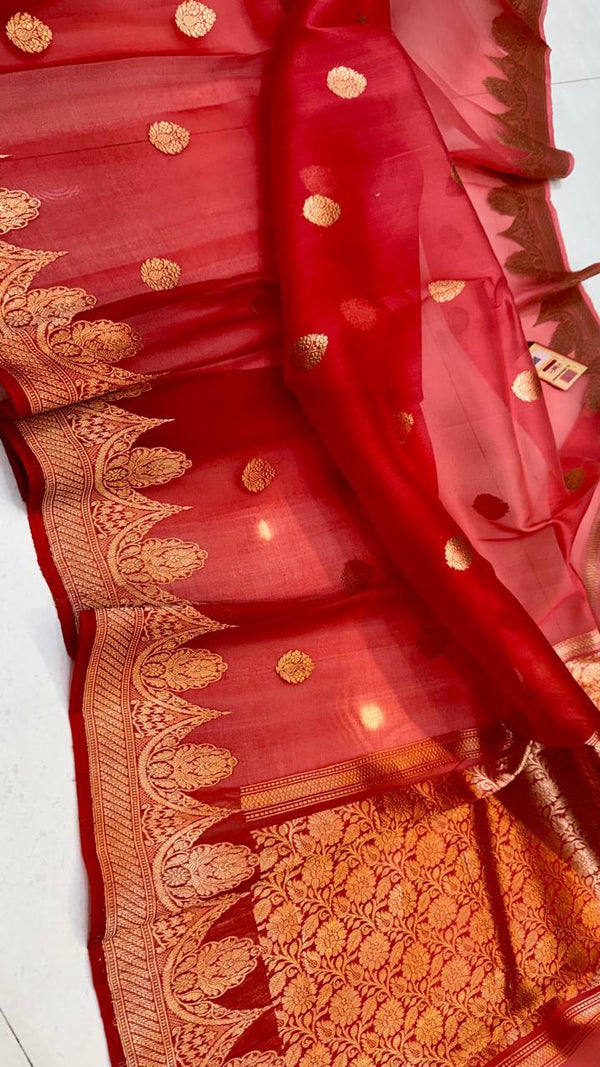 Pure Banarasi Kora Organza Silk Handwoven Zari Work Saree With Silk Mark Certificate ( Length- 6.3 Meter )