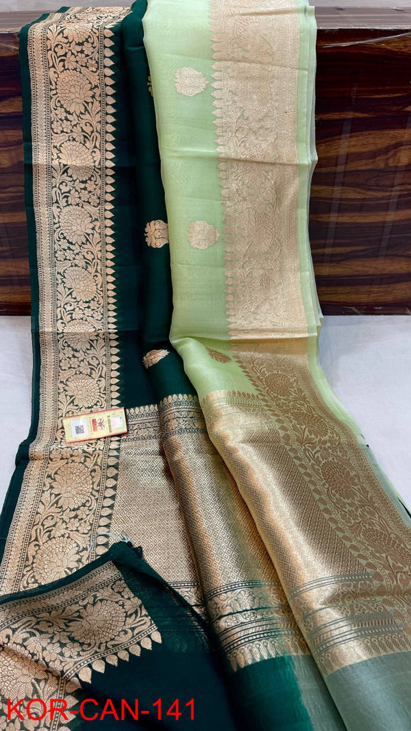 Pure Banarasi Kora Organza Silk Handwoven Zari Work Saree With Silk Mark Certificate ( Length- 6.3 Meter )