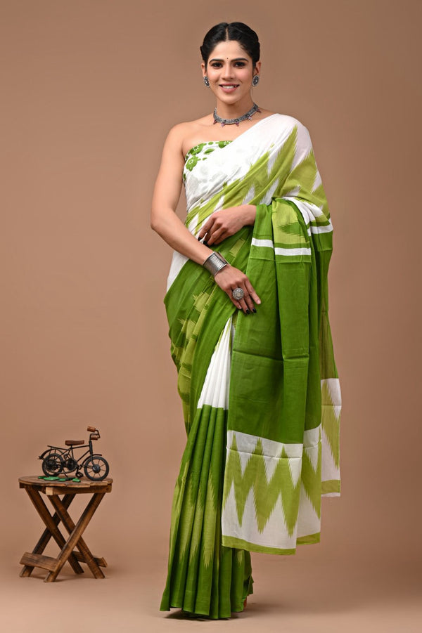 Pure  Mul cotton Hand print saree with Blouse.