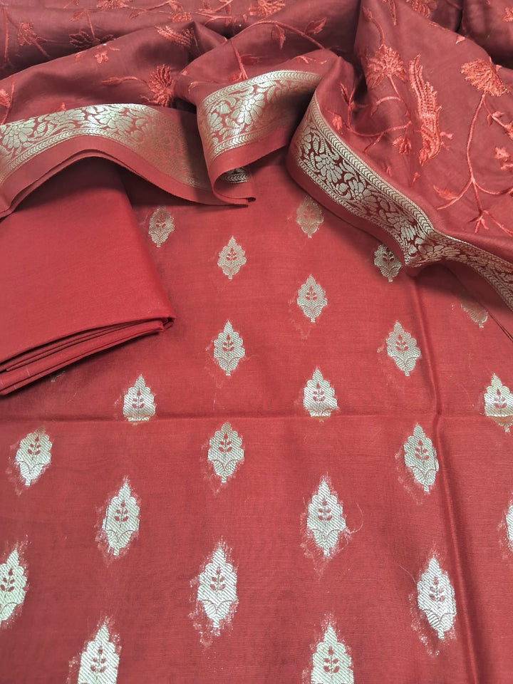 Pure Chanderi Mercerized Zari Buti Weaved Unstitched Suit With Pure Mercerized Dupatta.