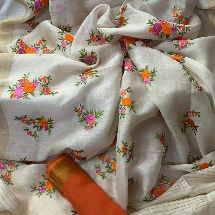 Pure Silk Linen By Linen Saree with Embroidery Work.( length- 6.3 meter )