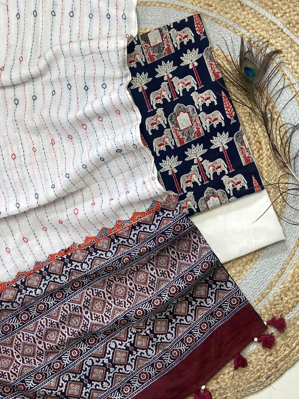 Pure Cotton Azrakh Print Unstitched suit With Hand kantha Work Dupatta .