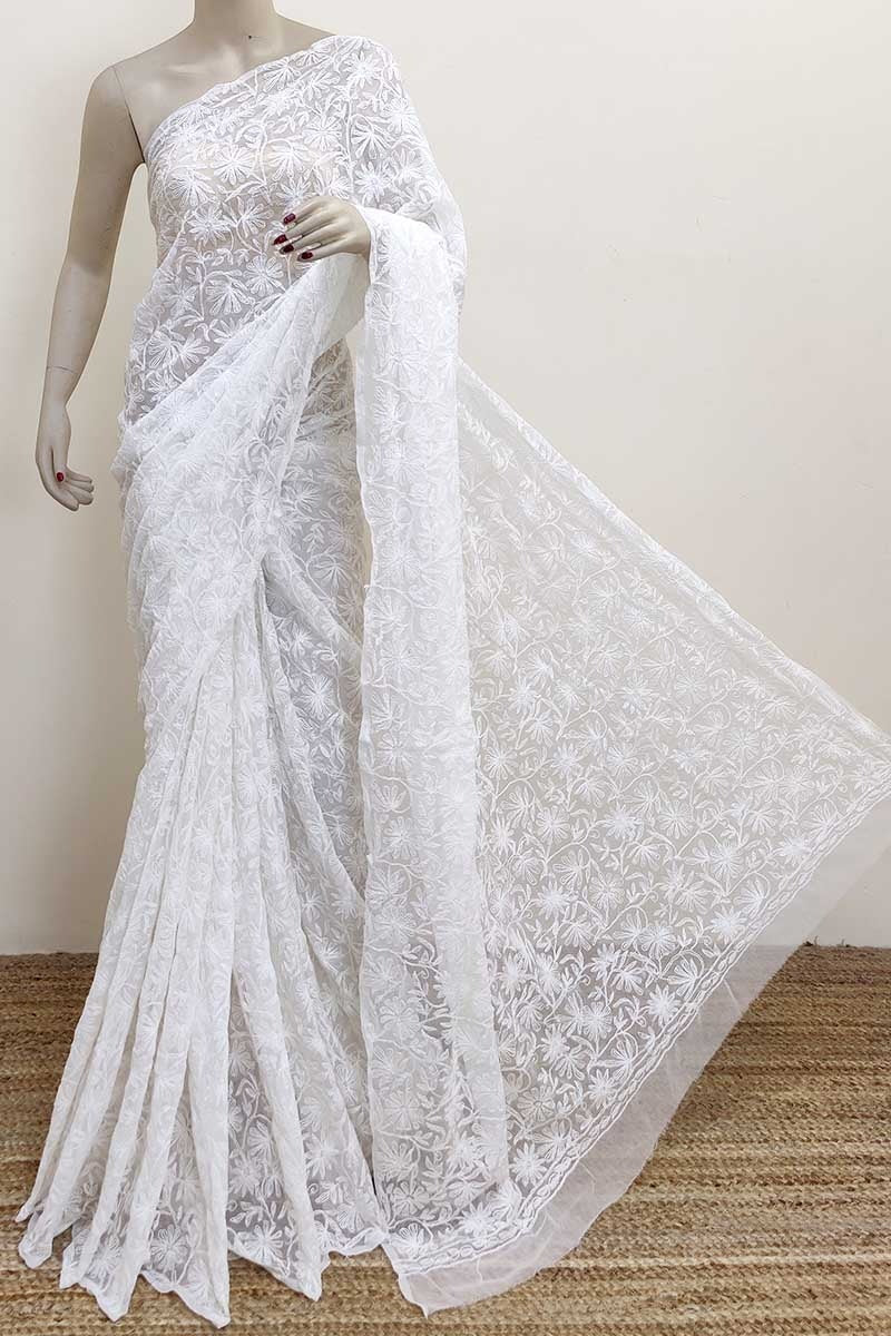 Pure Chiffon Georgette Handwork Chikenkari Tepchi Jaal Work Saree.