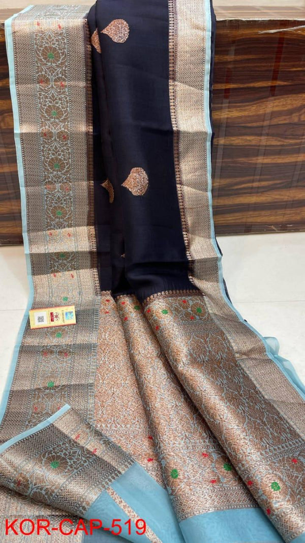 Pure Banarasi Kora Organza Silk Handwoven Zari Work Saree With Silk Mark Certificate ( Length- 6.3 Meter )