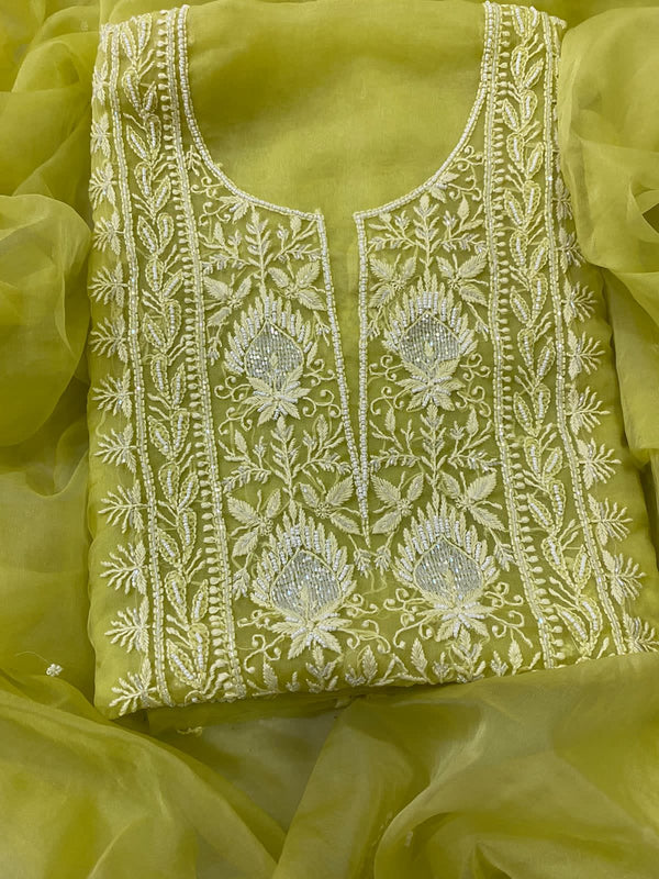 Pure Organza Chikankari Hand Work Unstitched Suit with Pearl Work