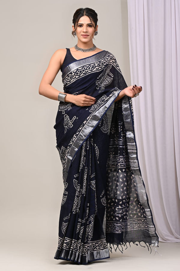 Hand Block Print Linen Saree with Blouse .