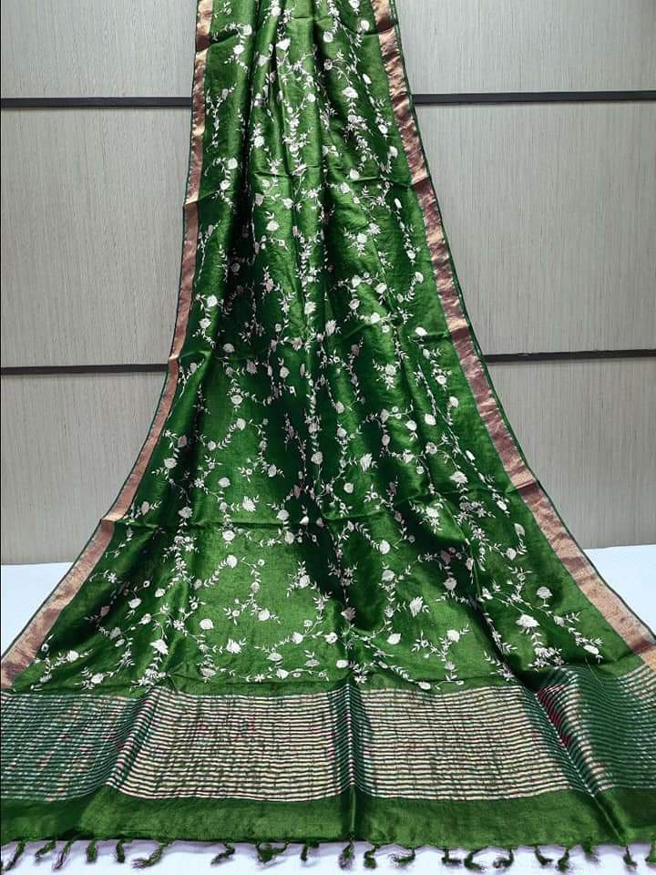 Pure Silk Linen By Linen Saree with Embroidery Work.( length- 6.3 meter )