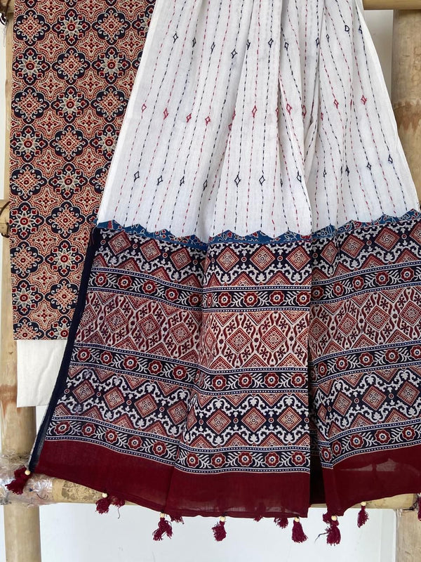 Pure Cotton Azrakh Print Unstitched suit With Hand kantha Work Dupatta .