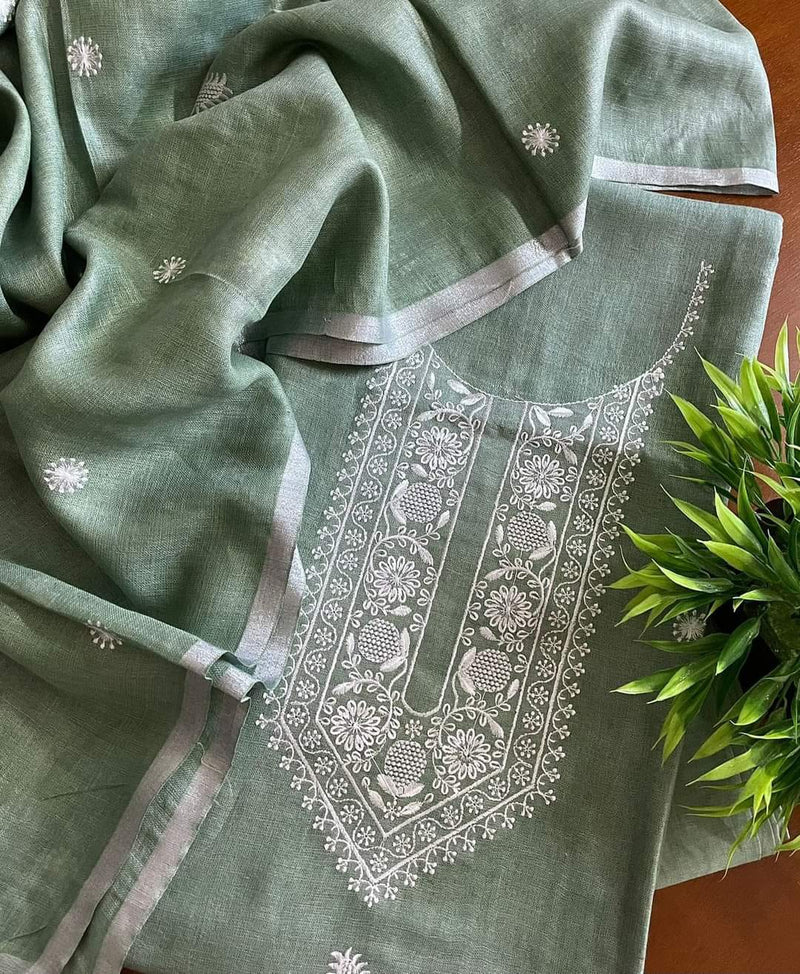 Bhagalpuri Cotton Linen Embroidery Unstitched suit.