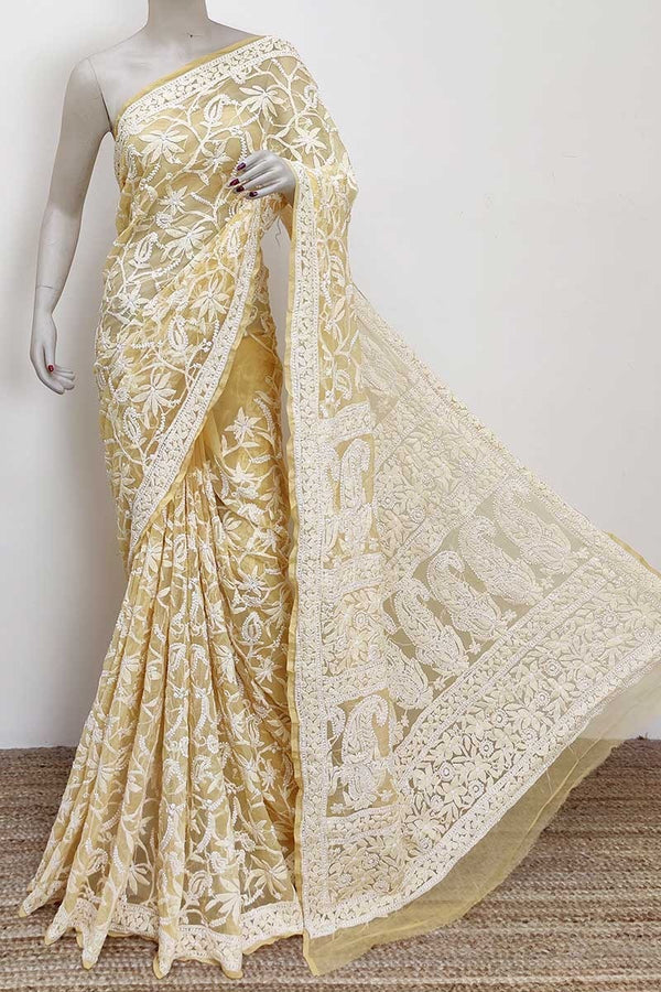 Pure Chiffon Georgette Chikankari Hand Embroidery Full Jaal Work Saree.