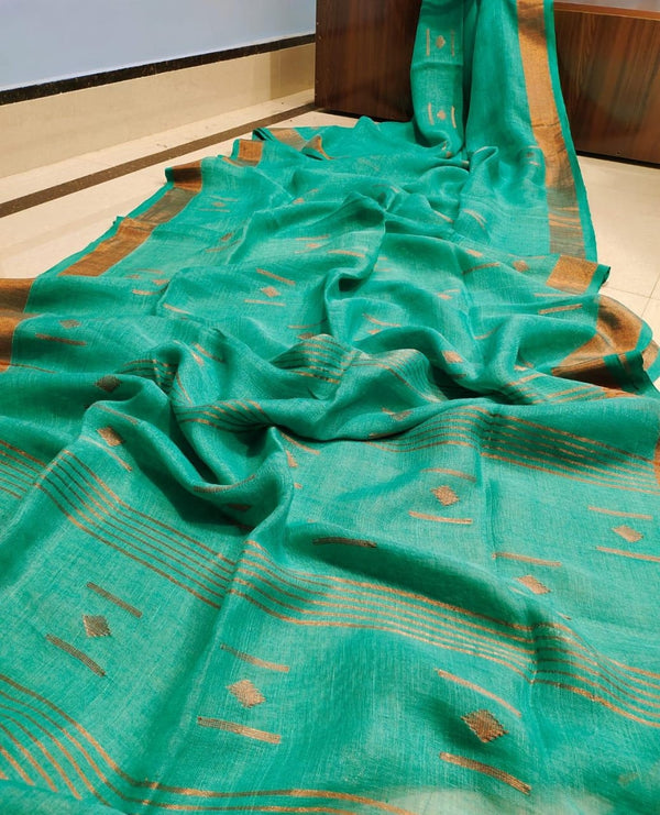 Pure Linen Silk Weaving Work Saree With Blouse.