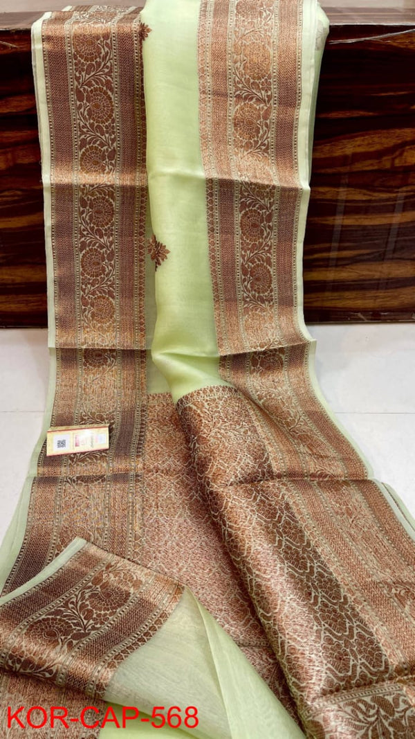 Pure Banarasi Kora Organza Silk Handwoven Zari Work Saree With Silk Mark Certificate ( Length- 6.3 Meter )