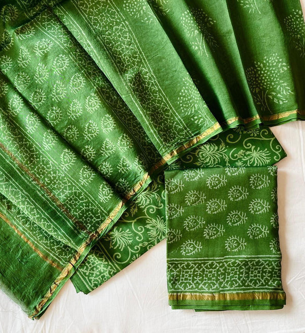 Pure Hand Block Chanderi Silk Unstitched Suit .