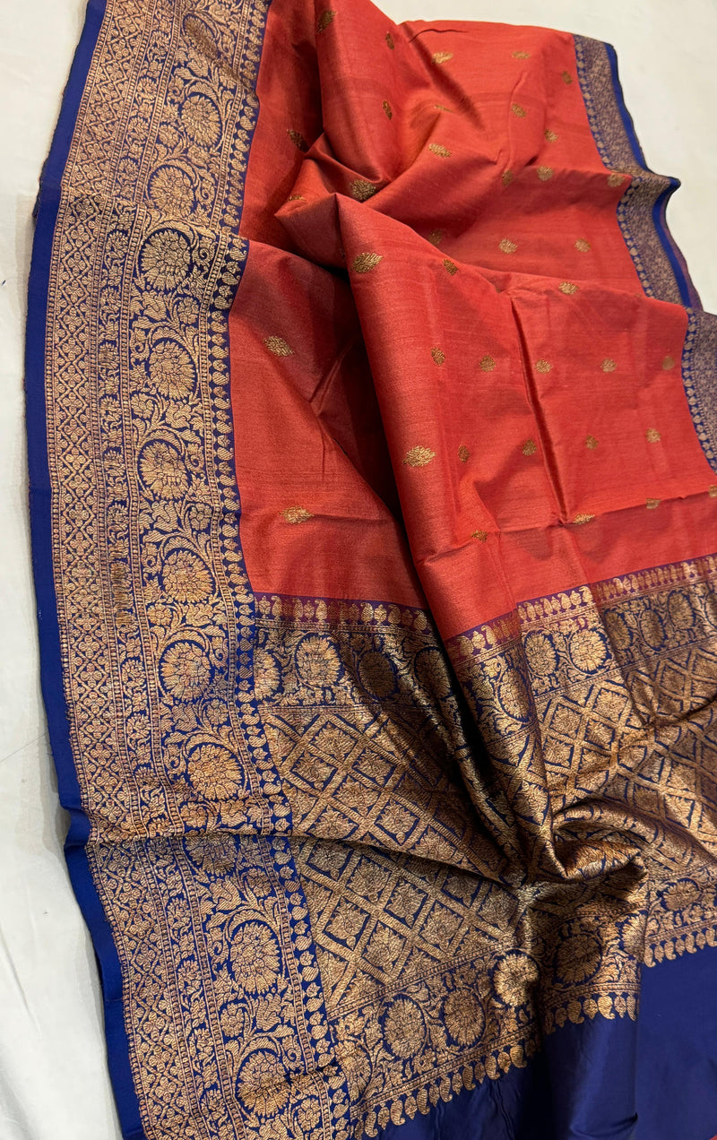 Handwoven Pure Banarasi Tussar Silk Saree With Antique Zari Work.