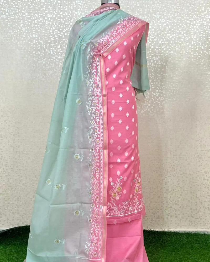 Banarasi Mercerised Chanderi Silk Resham weaved Unstitched Suit.