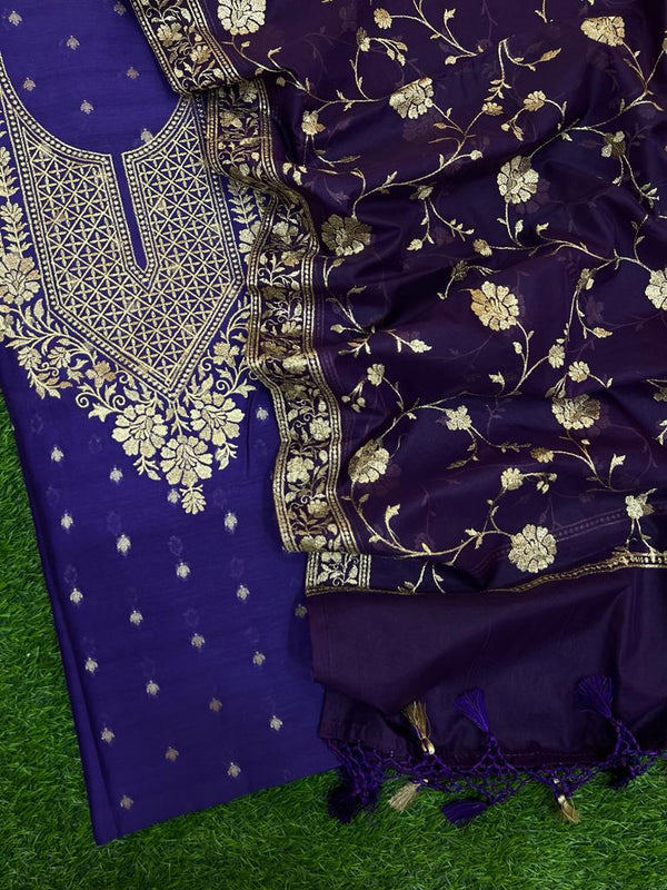 Pure Banarasi Resham Chanderi Silk Zari Embroidery Unstitched Suit With Pure Organza Zari Work Dupatta.