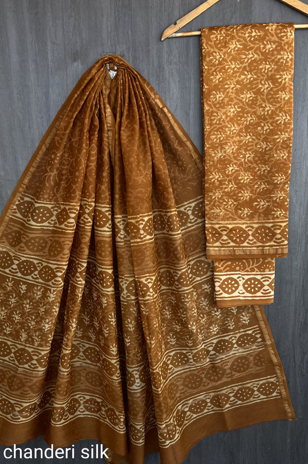 Pure Hand Block Chanderi Silk Unstitched Suit.