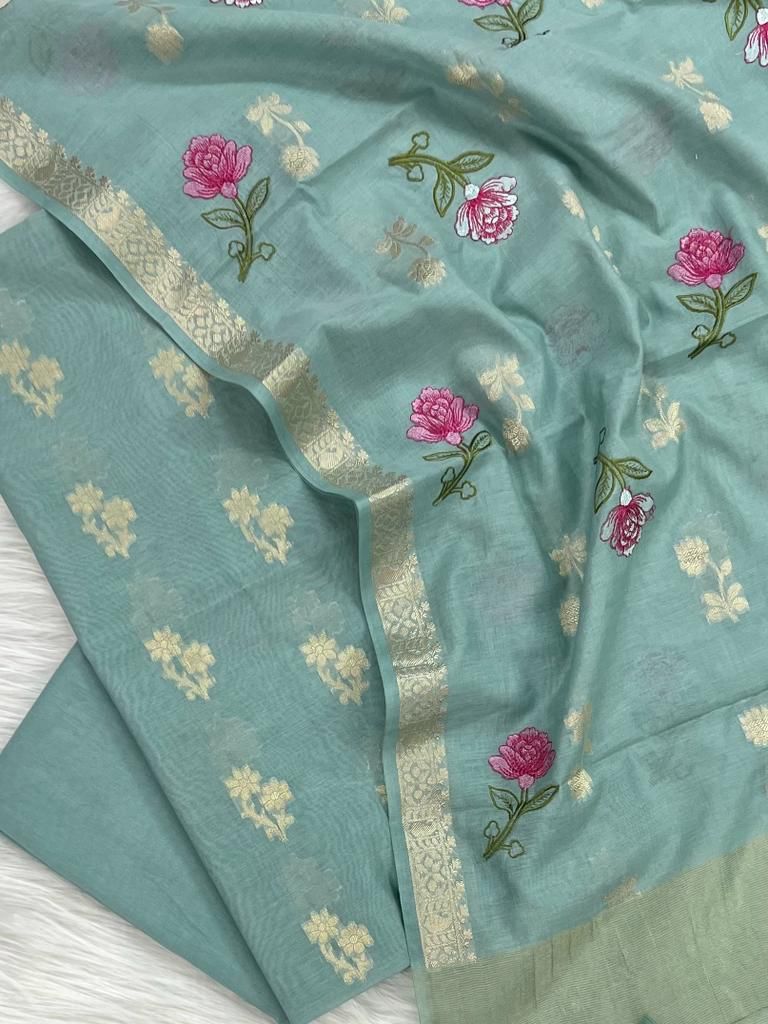 Banarasi Chanderi Silk Zari Weaved Unstitched Suit With Chanderi Silk Embroidery Work Dupatta.