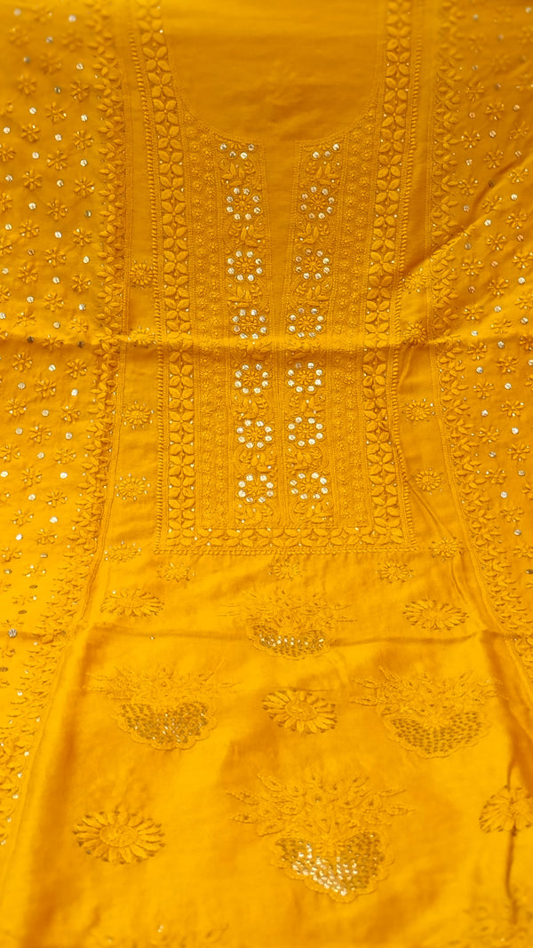 Pure Chanderi Silk 70grm Chikankari And Mukaish Work Unstitched Suit .