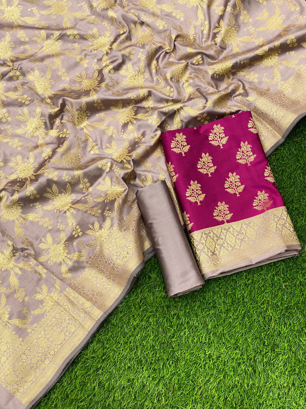 Pure Banarasi Double Zari Weaved Silk Unstitched Suit With Banarasi Silk Dupatta .