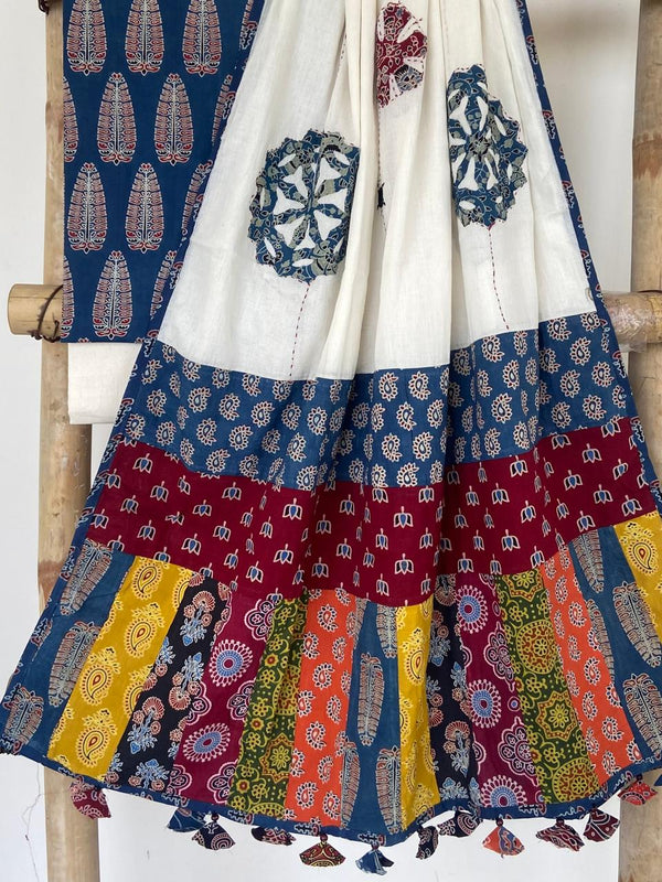 Pure Cotton Azrakh Print Unstitched suit With patch work Dupatta.