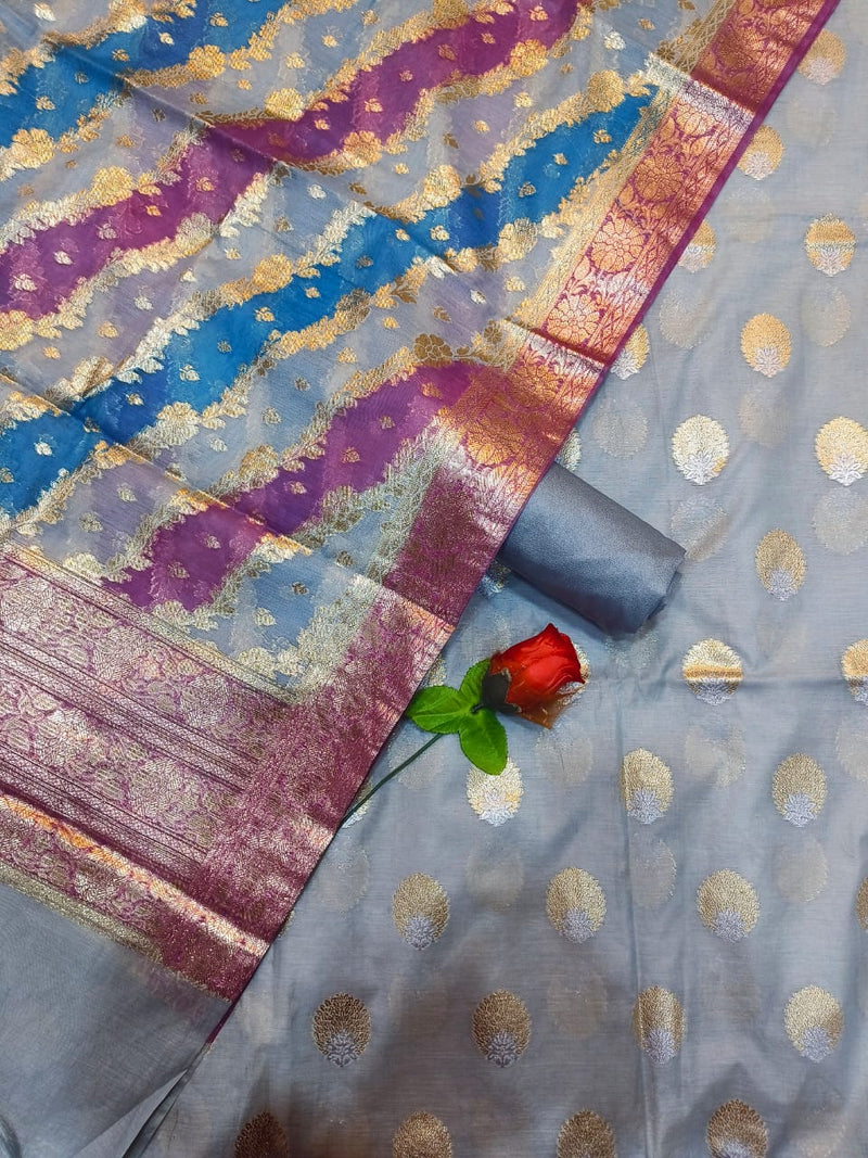 Pure Banarasi Mercerised Lorex Sona Rupa Weaving Unstitched Suit.