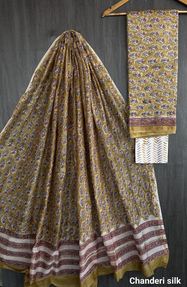 Pure Hand Block Chanderi Silk Unstitched Suit.