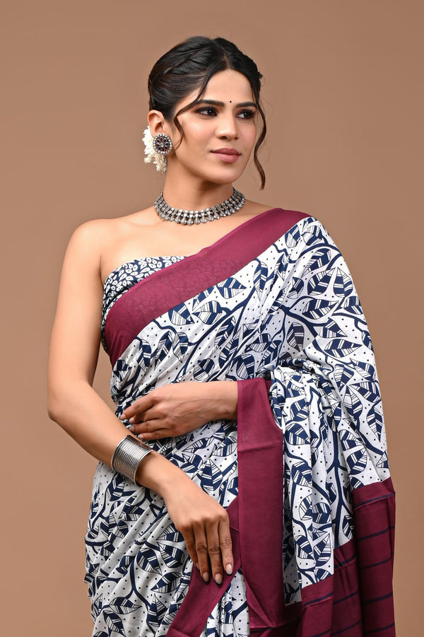 Pure  Mul cotton Hand print saree with Blouse.