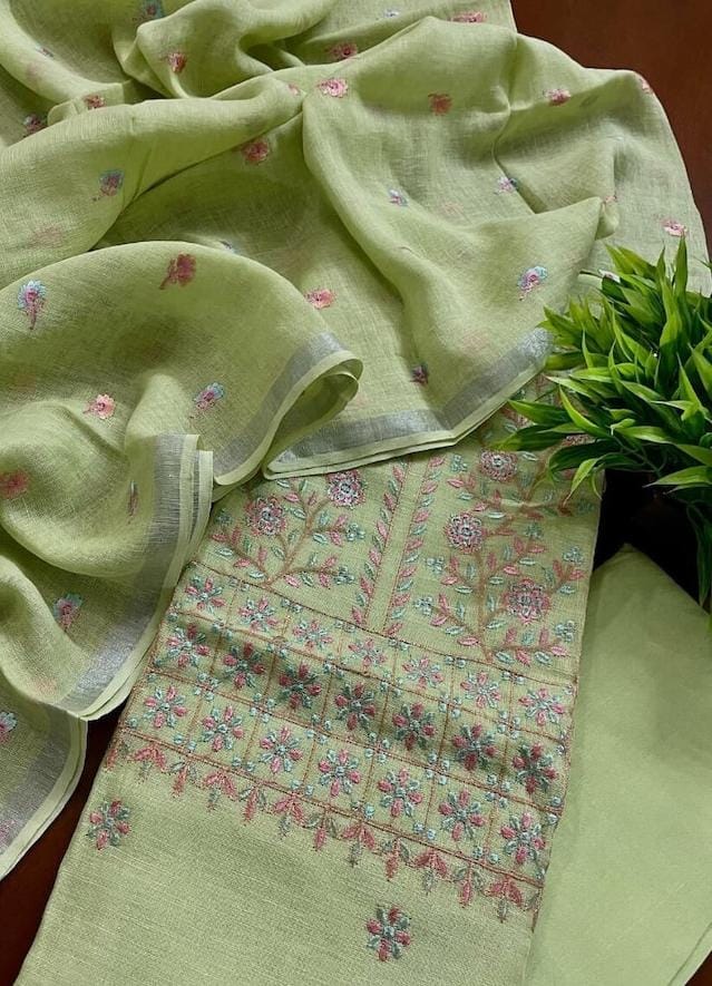 Bhagalpuri Cotton Linen Embroidery Unstitched suit.