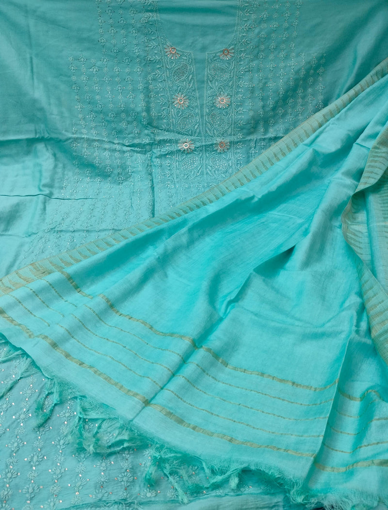 Pure Chanderi Silk 70grm Chikankari And Mukaish Work Unstitched Suit .