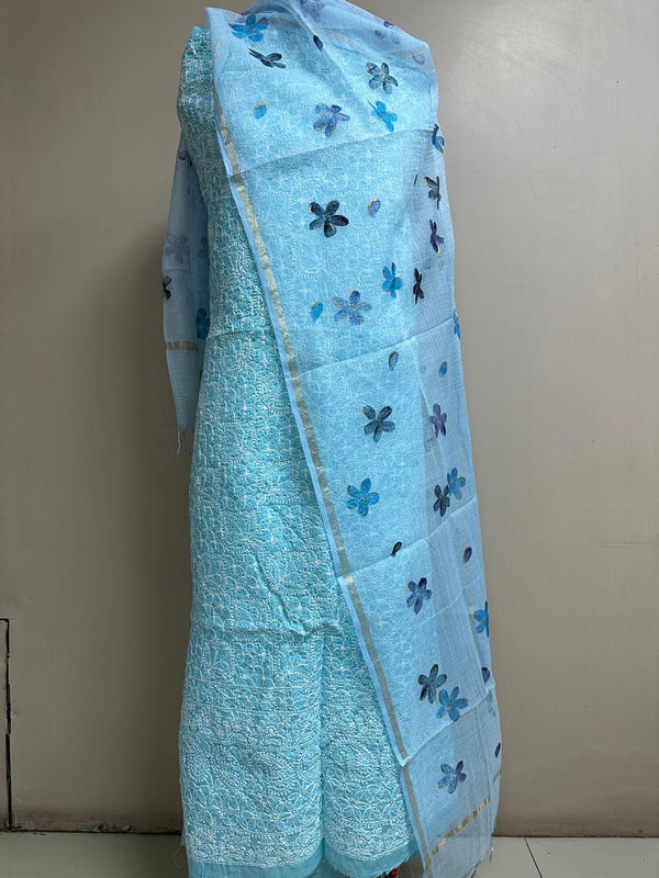 Pure Cotton Chikankari Work Unstitched Suit With Hand Print Kota Doriya Dupatta.