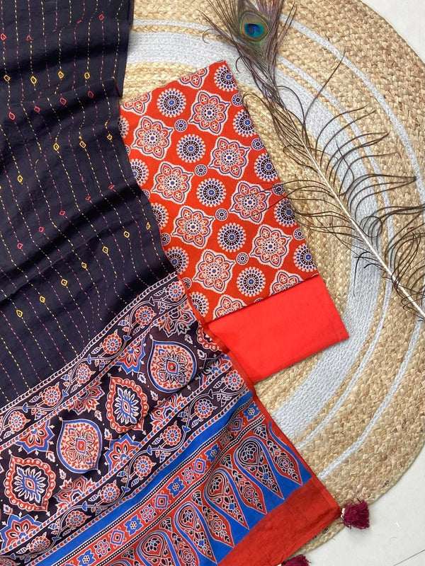 Pure Cotton Azrakh Print Unstitched suit With Hand kantha Work Dupatta .