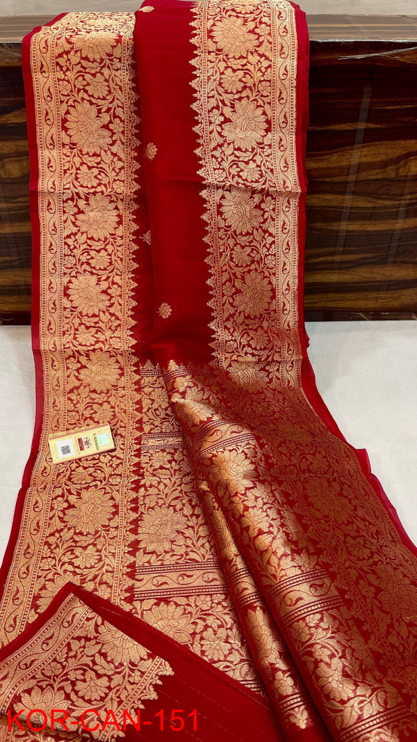 Pure Banarasi Kora Organza Silk Handwoven Zari Work Saree With Silk Mark Certificate ( Length- 6.3 Meter )