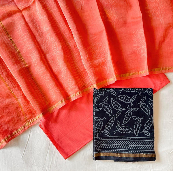 Pure Hand Block Chanderi Silk Unstitched Suit .