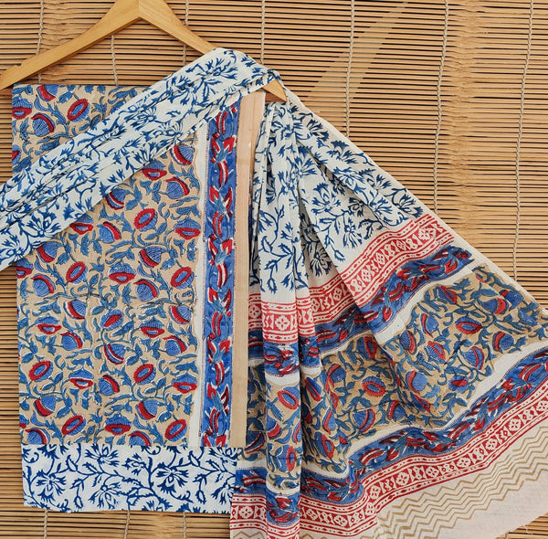 Pure Cotton Hand-Block Print unstitched suit with cotton dupatta .