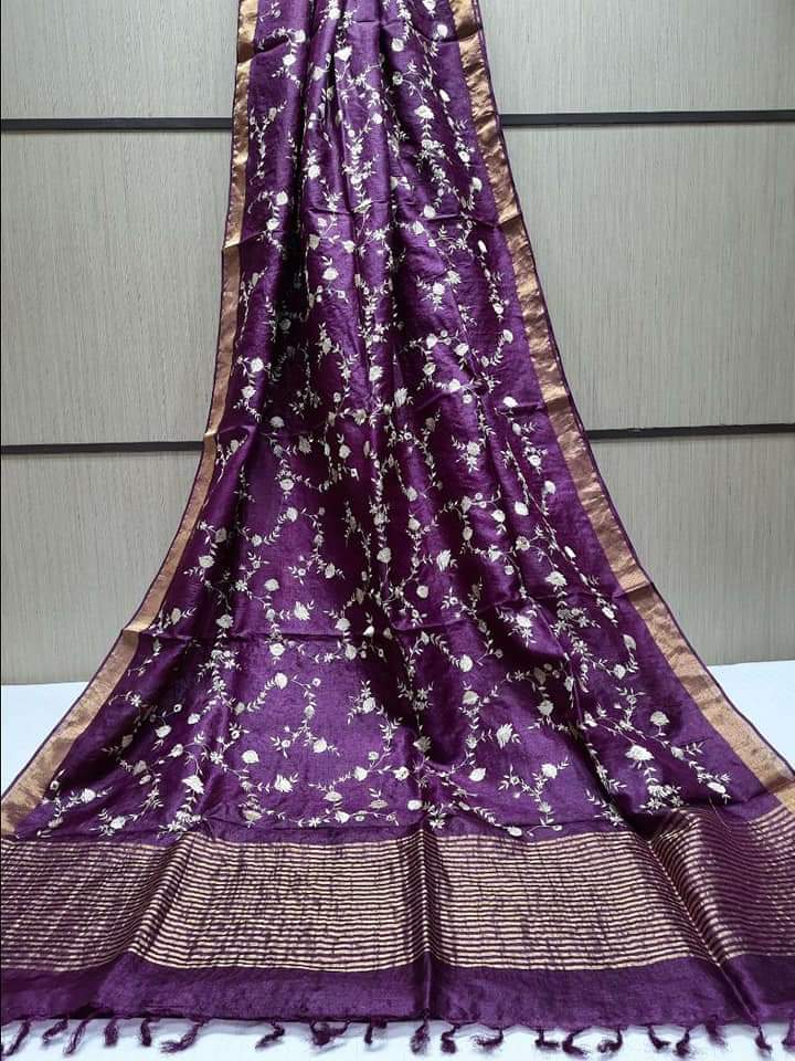 Pure Silk Linen By Linen Saree with Embroidery Work.( length- 6.3 meter )