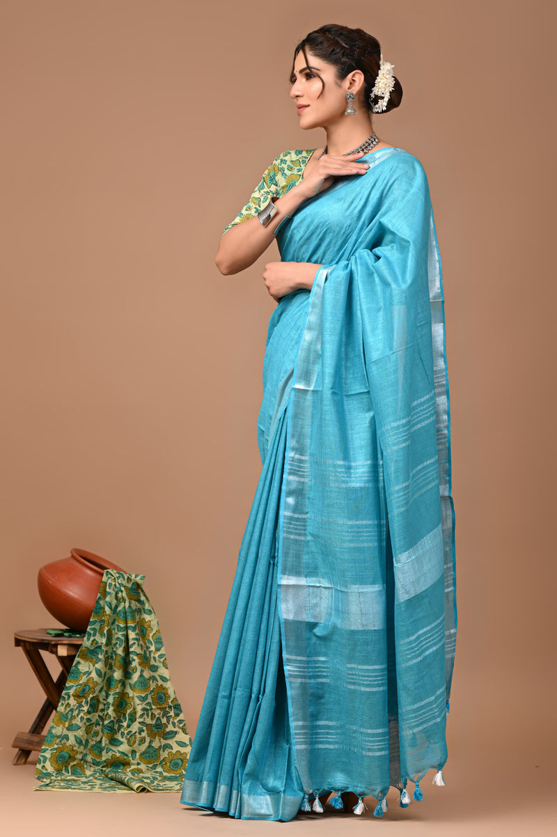 Hand Block Print Linen Saree with Blouse .