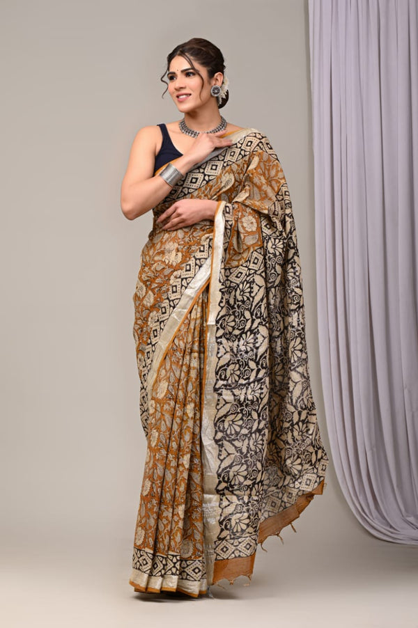 Hand Block Print Linen Saree with Blouse .