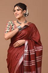 Hand Block Print Linen Saree with Blouse .