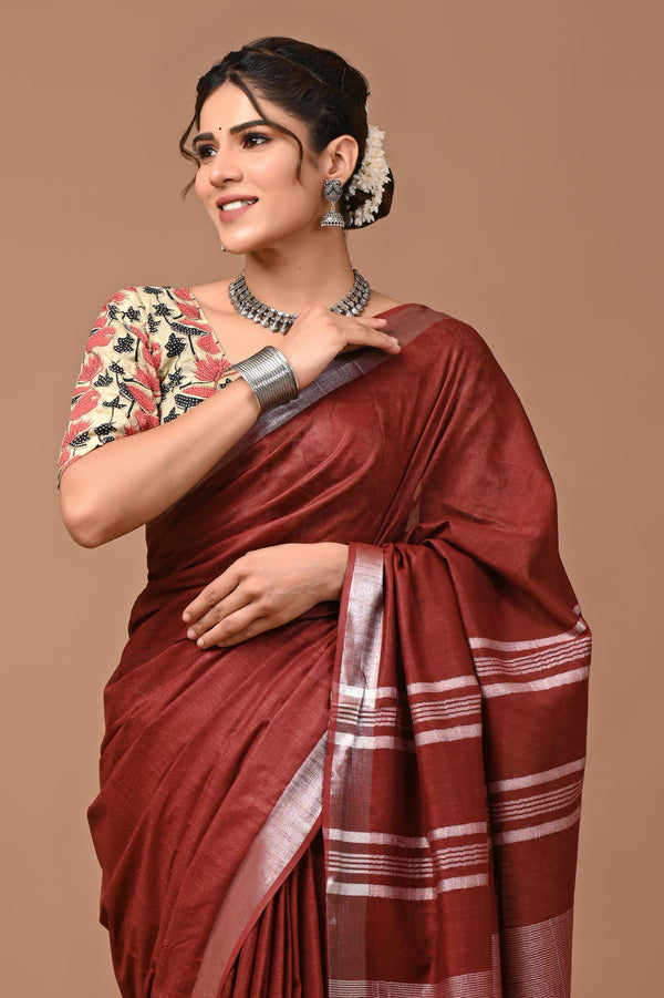 Hand Block Print Linen Saree with Blouse .