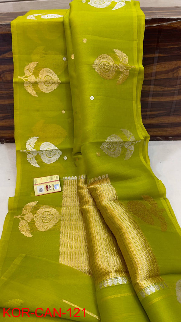 Pure Banarasi Kora Organza Silk Handwoven Zari Work Saree With Silk Mark Certificate ( Length- 6.3 Meter )