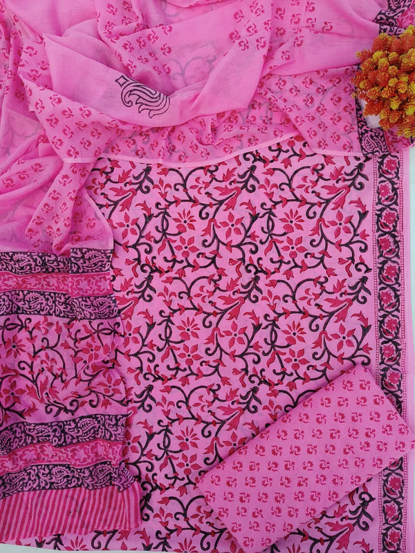 Pure Cotton Hand-Block Print unstitched suit with cotton dupatta .