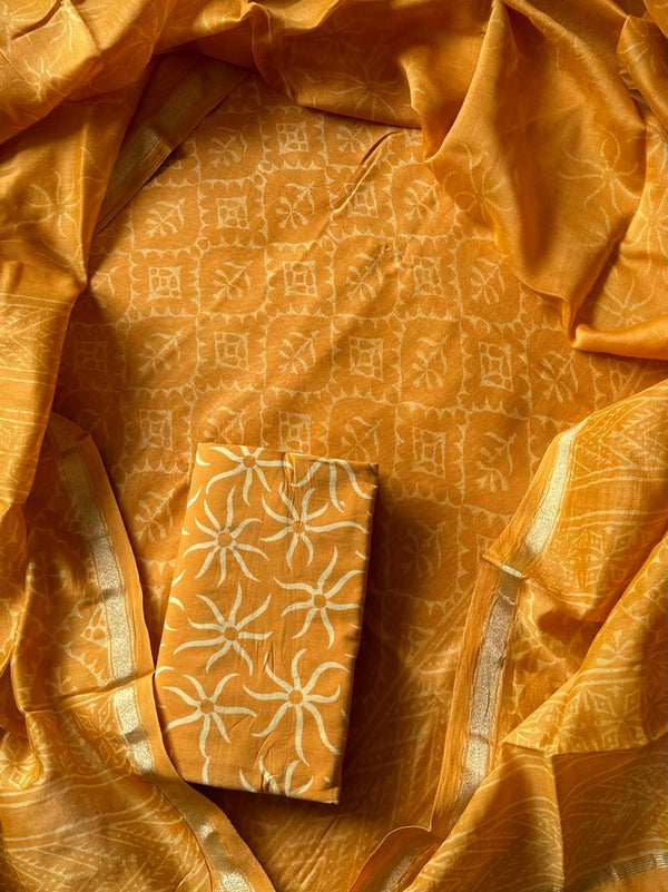 Pure Hand Block Chanderi Silk Unstitched Suit.