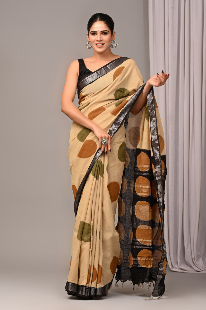 Hand Block Print Linen Saree with Blouse .