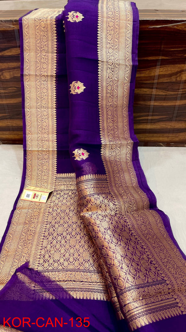 Pure Banarasi Kora Organza Silk Handwoven Zari Work Saree With Silk Mark Certificate ( Length- 6.3 Meter )