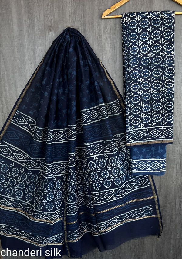 Pure Hand Block Chanderi Silk Unstitched Suit.