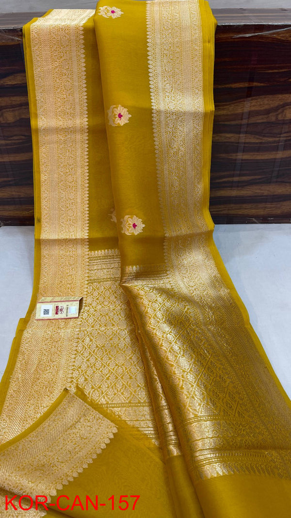 Pure Banarasi Kora Organza Silk Handwoven Zari Work Saree With Silk Mark Certificate ( Length- 6.3 Meter )